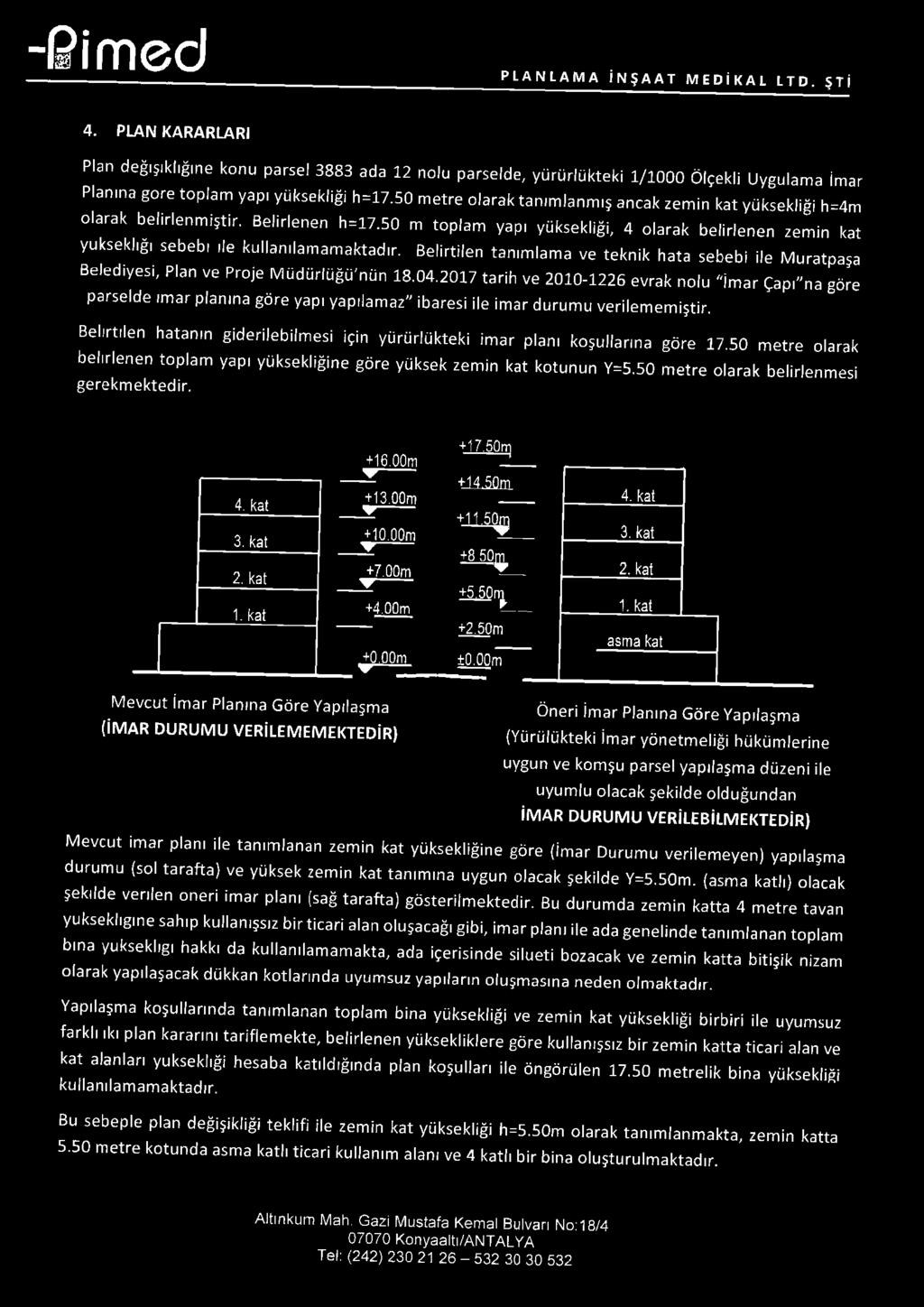 50 metre olarak tanımlanmış ancak zemin kat yüksekliği h=4m olarak belirlenmiştir. Belirlenen h=17.50 m toplam yapı yüksekliği, 4 olarak belirlenen zemin kat yüksekliği sebebi ile kullanılamamaktadır.