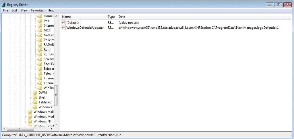 "HKCU:SOFTWARE\Microsoft\Windows\CurrentVersion\Run alt anahtarına EventManager.logs adıyla daha önce oluşturulan INF dosyasını çalıştıran komutunu eklediği görülmüştür.