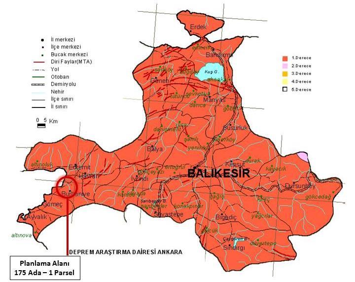 4. PLANLAMA ALANI DOĞAL VE FİZİKSEL EŞİKLER Planlama alanının; Bakanlar Kurulu nun 18.4.1996 Tarih ve 96/8109 Sayılı kararı ile yürürlüğe girmiş Türkiye Deprem Bölgeleri haritasına göre 1.