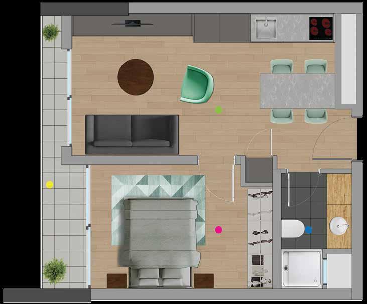 1+1 tip 1 Salon - Mutfak 22,46 m 2 Yatak Odası 12,08 m 2 Banyo 3,57 m