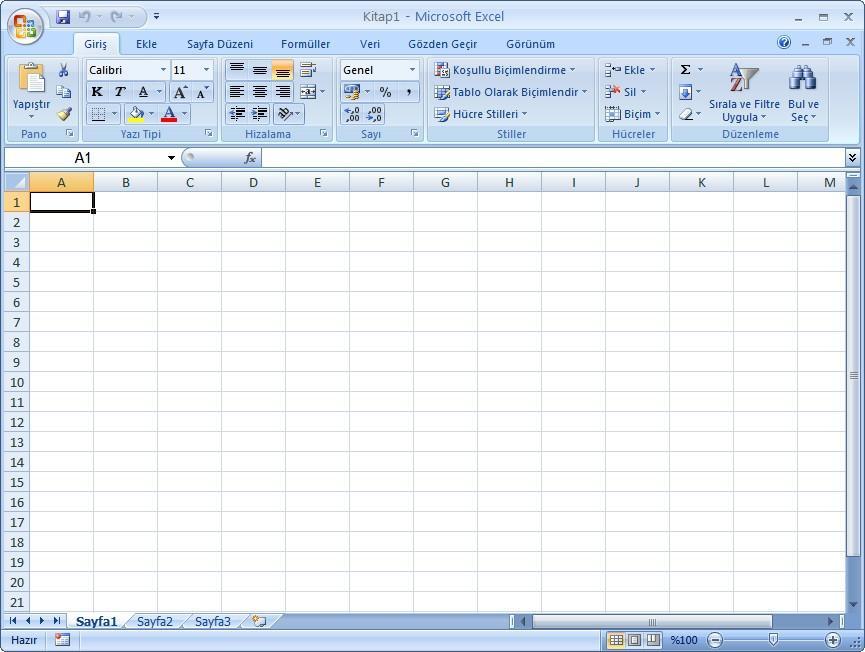Aşağıdaki görüntü Excel penceresinde bulunan temel bölümleri göstermektedir: Office Düğmesi Hızlı Erişim Araç Çubuğu Ad Kutusu Formül Çubuğu Başlık Çubuğu Yardım Düğmesi Office Düğmesi: Kaydetme,