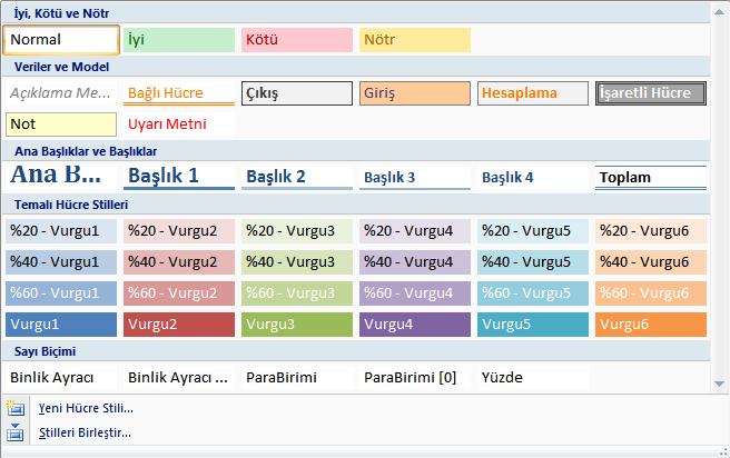 Hücre Stilleri Excel de hücreler çeşitli biçim özellikleri kullanılarak biçimlendirileceği gibi varolan hücre stillerini kullanarak da biçimlendirilebilir.