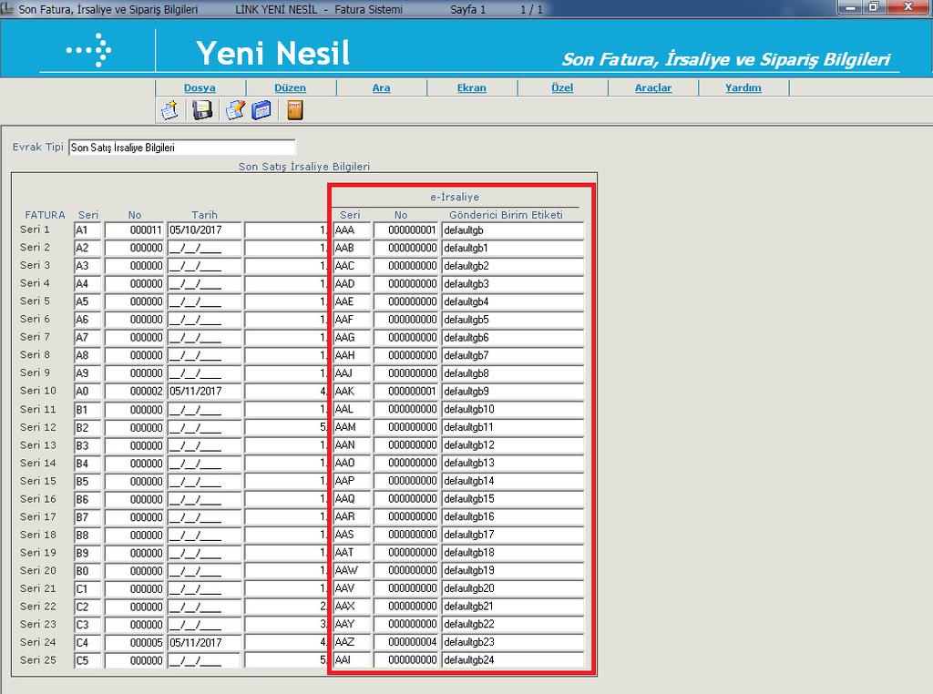 Parametreler\Son Fatura, İrsaliye ve Sipariş Bilgileri e-irsaliye seri bilgileri eklendi.