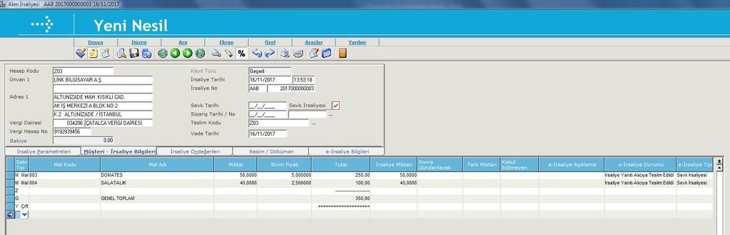 Alım İrsaliyesi e-alım İrsaliyesi düzenleyebilmek için gerekli değişiklikler yapılmıştır. İrsaliye No bilgisi 16 haneye çıkarıldı. Sevk İrsaliyesi seçim kutusu eklendi.