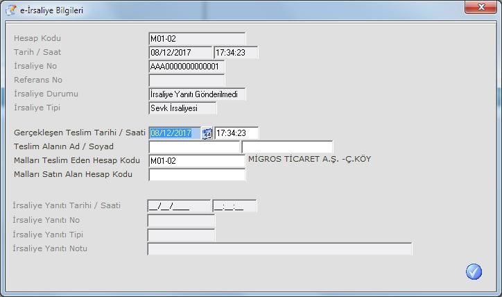Kayıt aşamasında e-irsaliye bilgilerinin girilmesi için bir ekran açılır. Bu ekranda doldurulması zorunlu olan alanlar doldurulduktan ve pencere onaylandıktan sonra kaydetme işlemi tamamlanır.