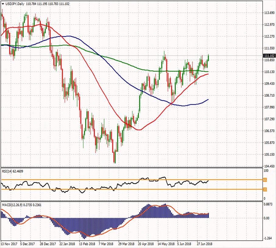 USD/JPY 10 Temmuz 2018 Haftanın ikinci direnci Günün ikinci direnci 111.283 111.697 Haftanın ilk direnci 111.273 Haftanın Pivot Noktası Günün ilk direnci 110.777 111.067 110.