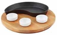 Kenar: 3 mm. LV ECO FT D 1020 K4 Ø: 29 cm h: 4,8 cm 0,40 lt 1 1,53 kg Description: Fajita Plate and wooden platter. YINGYANG shaped. Dimension 10x20 cm.