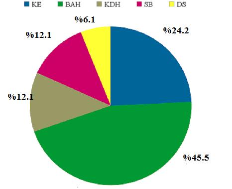 (%26.3), KDH grubunda bulunanların 4 ü (%21.1), SB grubunda yer alanların 4 ü (%11.4) ve DS olarak sınıflandırılan hastaların 2 si (%16.7) sigara kullanıyordu.