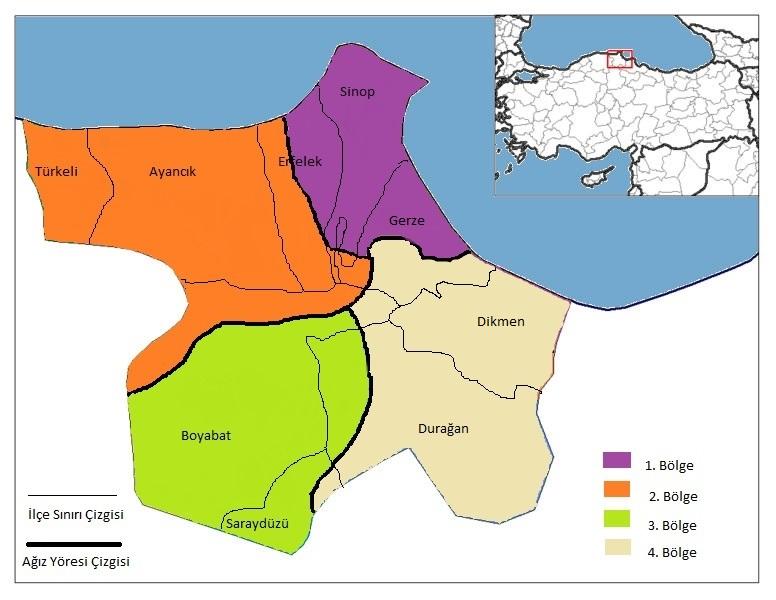Şekil 1: Sinop İli Ağız Yöreleri Haritası I. Ağız Yöresi: Sinop merkez ilçesinin güney kısmı hariç tamamı, Gerze ve Erfelek ilçelerinin yarıya yakın kısmı bu ağız yöresi içinde yer almaktadır.