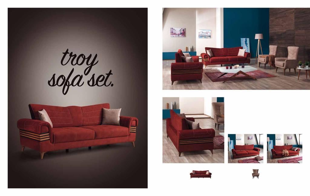 Troy. Koltuk Takımı / Sofa Set Tarz kol ve sırt tasarımıyla, özel dikişleri ve berjeriyle yine modern ve şık bir koltuk takımı. Yatak olabilme özelliği ile sevdiklerinize de değer veriyor.