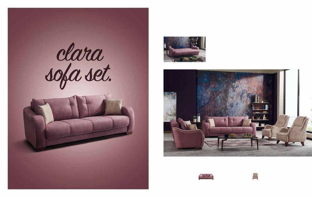 Clara. Koltuk Takımı / Sofa Set Özel çatlak desenli kumaşıyla hem gözü hem teni okşayan, konforu ile eşsiz bir model daha.