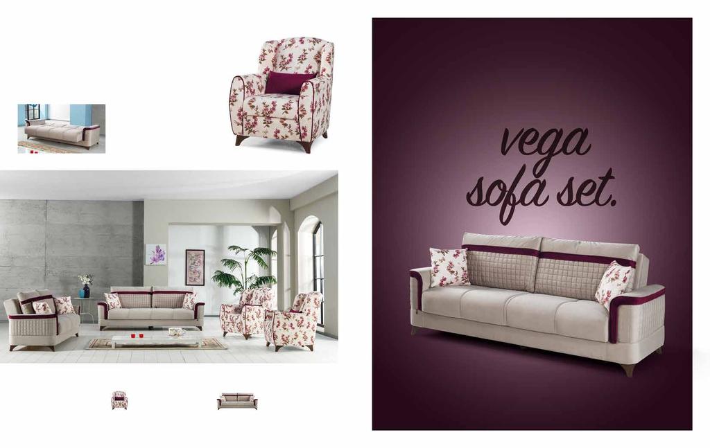 Vega. Koltuk Takımı / Sofa Set Kol dışı ve sırt minderlerinde kesişen dekoratif dikiş uygulamaları ile farklı bir takım.
