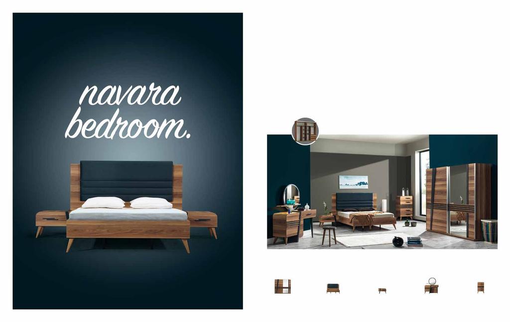 Aynaların ve ahşabın kusursuz uyumunu bulmak isteyenler için Navara Yatak Odası, minimalist bir tasarımı maksimum çarpıcılıkla sunuyor.