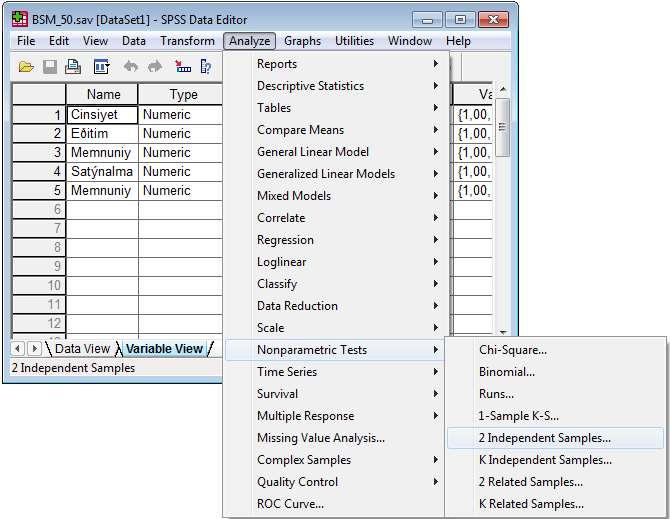 SPSS programında ; ANALYZE» NONPARAMETRIC