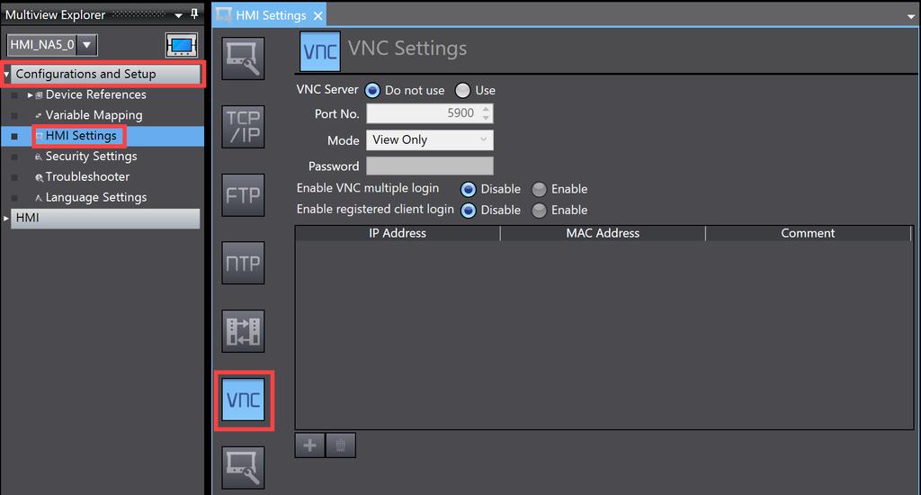 NA Ekran VNC Server Ayarları NA ekranda VNC Server ayar menüsü Configurations and Setup > HMI Settings > VNC kısmından yapılmaktadır.