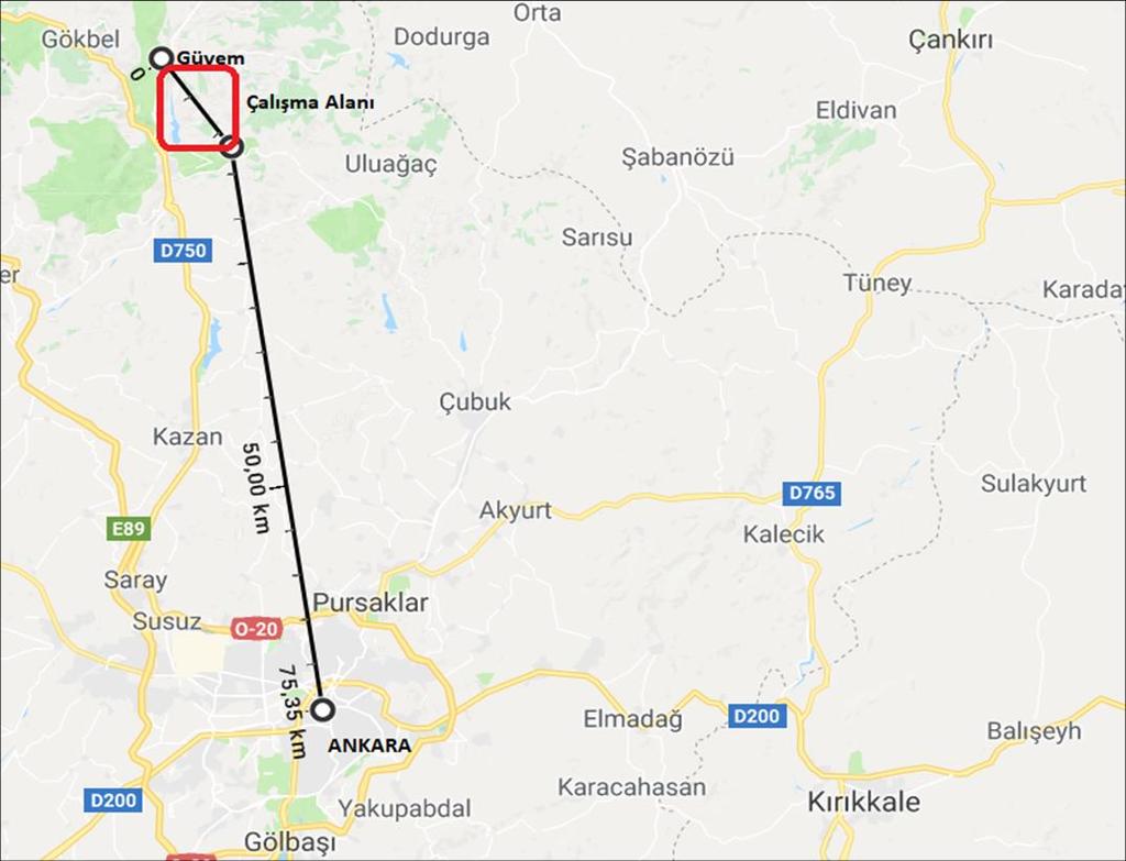 Şekil 2.5. Çalışma alanının Ankara ili merkezine uzaklığını gösteren arazi haritası Çalışma yapılan bölgenin tümü, yaklaşık 70 km 2 lik bir alanı oluşturmaktadır.