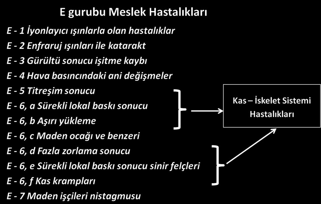 hastalıkları verilmiģtir. ġimdi E grubu içinde verilen bu meslek hastalıklarına bir bakalım. E - 4 Hava basıncındaki ani değiģmelerle olan hastalıklar.