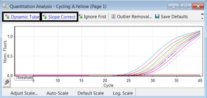 Analysis basın ve Quantitation Cycling A.Yellow (Cycling A.Joe) Show seçin. 2. Threshold otomatik seçeneğini kapatın. 3. Dynamic Tube, Slope Correct butonlarına basın. 4.