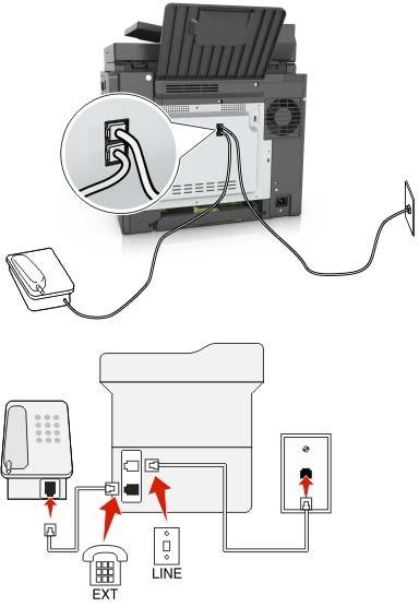 Faks alma/gönderme 99 Kurulum 2: Yazıcı prize takılı; kablolu modem tesiste başka bir yere monte edilmiştir 1 Telefon kablosunun bir ucunu yazıcının arka tarafındaki hat bağlantı noktasına takın.