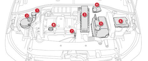 Kontroller Benzinli motorlar 1. Cam yıkama suyu deposu. 2. Soğutma sıvısı deposu. 3. Hava filtresi. 4. Fren hidroliği deposu. 5. Akü. 6. Sigorta kutusu. 7.