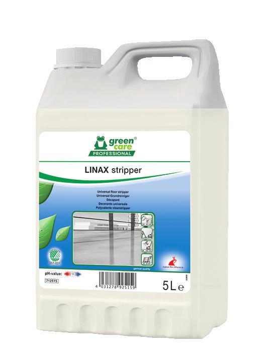 LINAX PLUS Hassas Yüzeyler için Kir ve Cila Sökücü Green Care LINAX STRIPPER Ekolojik Kir ve Cila Sökücü Linolyum gibi hassas, alkaliye duyarlı, suya dayanıklı tüm zeminlerin temizliği için idealdir.