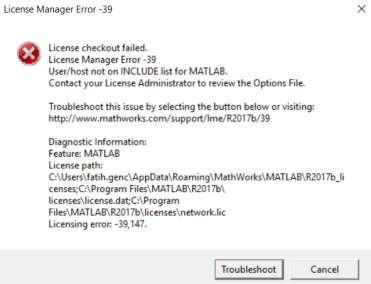 Diğer hata ise, Mlm.opt dosyası düzenlenirken yapılan hatalardan kaynaklanan ve istemci makine MATLAB ı açmaya çalıştığında çıkan License Manager Error 39 hatasıdır.