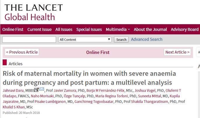 48) (ciddi anemi olmayanlara göre). Şiddetli anemi de maternal ölümle ilişkili : 1.86 [CI 1.39 2.