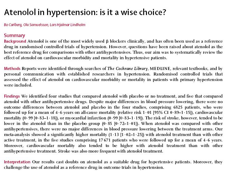 4 çalışma, 6825 hasta atenolol vs plasebo 5 çalışma, 17 671 hasta atenolol vs