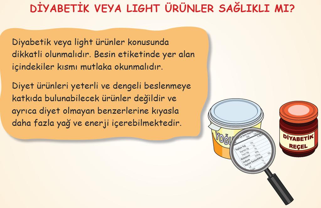 10. Diyabetik veya Light Ürünler Sağlıklı mı? Diyabetik ya da light ürün konusunda dikkatli olunmalı. Besin Etiketinde yer alan İçindekiler kısmı mutlaka okunmalıdır.
