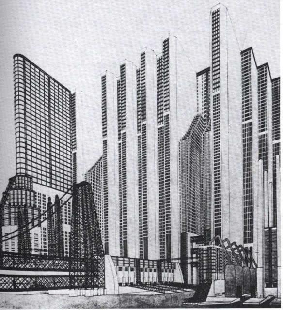 Resim 2.36. Antonia Sant'Elia, City Of The Future, Air and Train Station With Funiculars 1914 Sant'Elia'nın tasarımları incelendiğinde modüler biçimli formların kullanıldığı görülmektedir.
