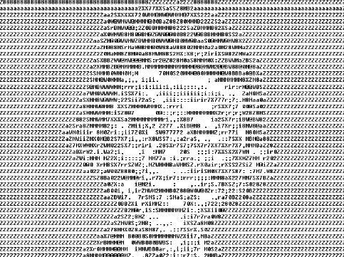 Renkli bir resim görüntüsünden elde edilen ASCII metin dosyası ASCII metin dosyasını görüntülendiğinde (uygun olduğundan burada jpg e çevrilmiştir), metin dosyası kendi başına gizli bir dosya