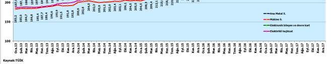 2017 yılında 2016 Aralık ayına göre endeks değerindeki artış ana metal sanayinde %42,9 elektrikli teçhizat sanayinde %19,2 ve elektronik bileşen ve devre