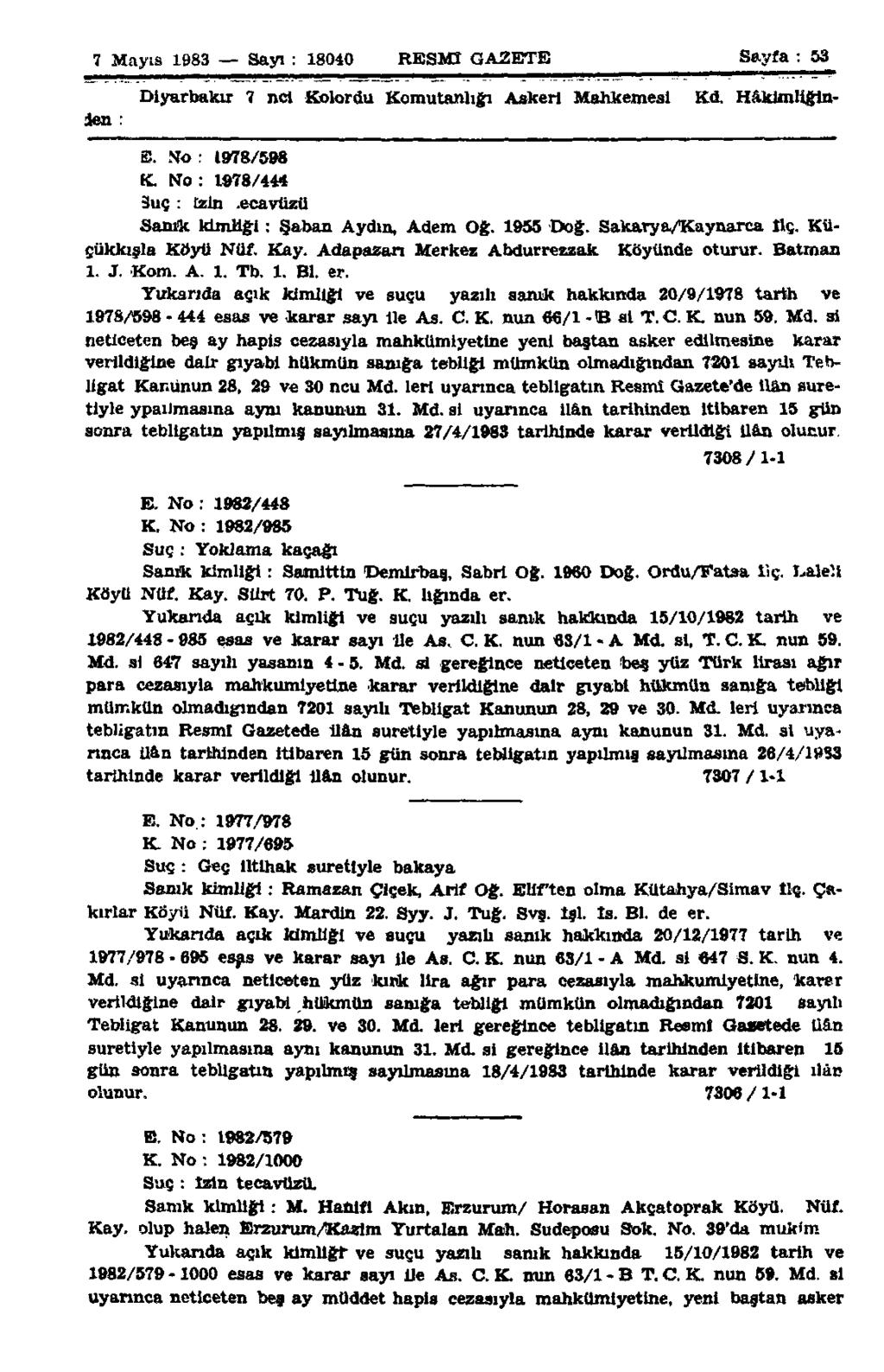 7 Mayıs 1983 Sayı : 18040 RESMİ GAZETE Sayfa : 53 Diyarbakır 7 ncl Kolordu Komutanlığı Askeri Mahkemesi Kd. Hâklmliğlnien : E. No : 1978/598 K. No : 1978/444 Suç : tzin.