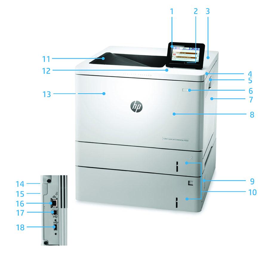 Veri sayfası HP Renkli LaserJet Enterprise M553 serisi Ürün tanıtımı görünümü: 1. Kullanımı kolay 10,9 cm (4,3 inç) renkli VGA kontrol paneli, daha kolay görüntüleme için yukarı eğilebilir 2.