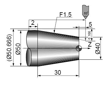 Koniklik varsa Şekil 8.121: G92 komutu ile konik vida çekme temrini G30 U0 W0 G97 S500 M03 G00 X70 Z5 T0101 M08 G92 X49.4 Z 32 R 6.166 F1.5 X49.0 X48.7 X48.5.... M30 ÖRNEK 27: Şekil 8.