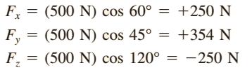 Kavramsal uygulama 2.4 500 N luk bir kuvvet x-y- ve z eksenleriyle sırasıyla 60, 45 ve 120 açılar oluşturmaktadır. Kuvvetin F x, F y ve F z.
