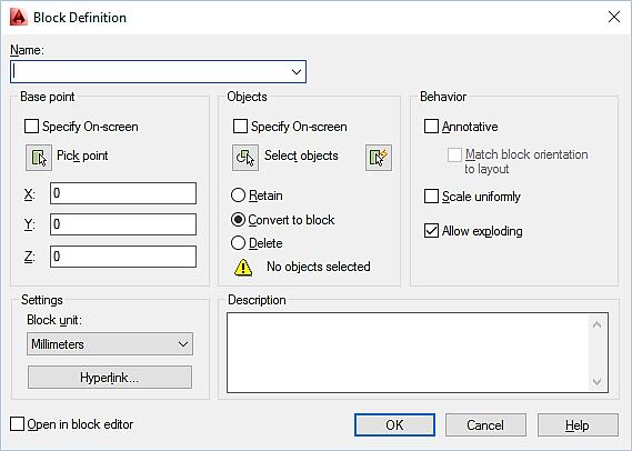 AutoCAD Kullanımı Block (Bloklama) Komutu BLOK OLUŞTURMA Block (Blok) komutu nesne yada nesnelerin tek bir çizim öğesi gibi kabul edilerek kullanılmasına yarayan komuttur.
