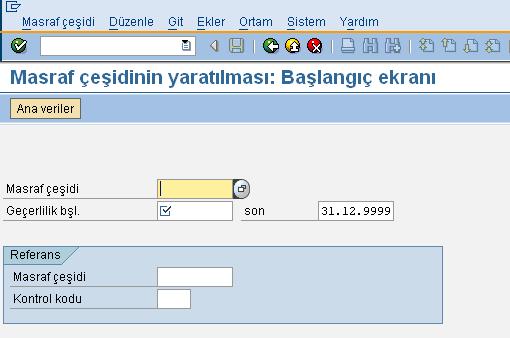 Masraf çeşidinin kodu ve geçerlilik tarih aralığı zorunlu olarak girilmesi gereken bilgilerdir.