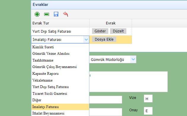 6. A.TR eki PDF evraklarının yüklenebilmesi için + ikonu tıklandıktan sonra alt bölümde açılan listeden belge türü seçilir ve DOSYA EKLE