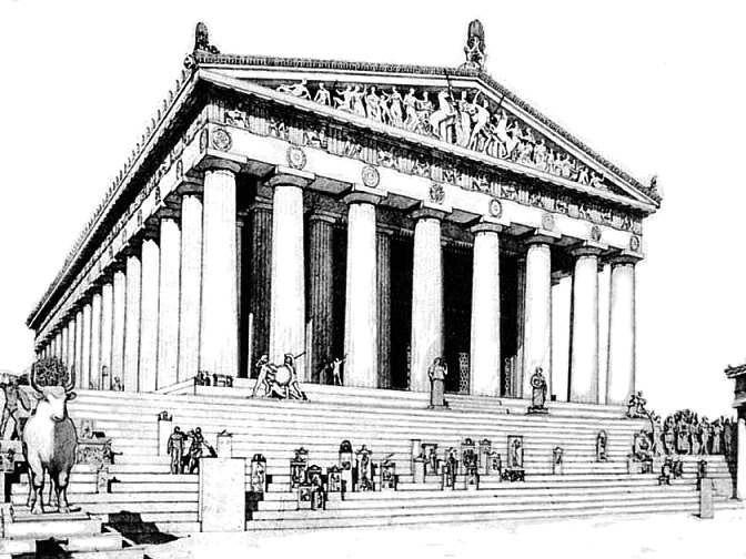 Yunan mimarlığında geometrik biçimlerin etkili olduğu taş tapınaklar ön plana çıkmıştır.