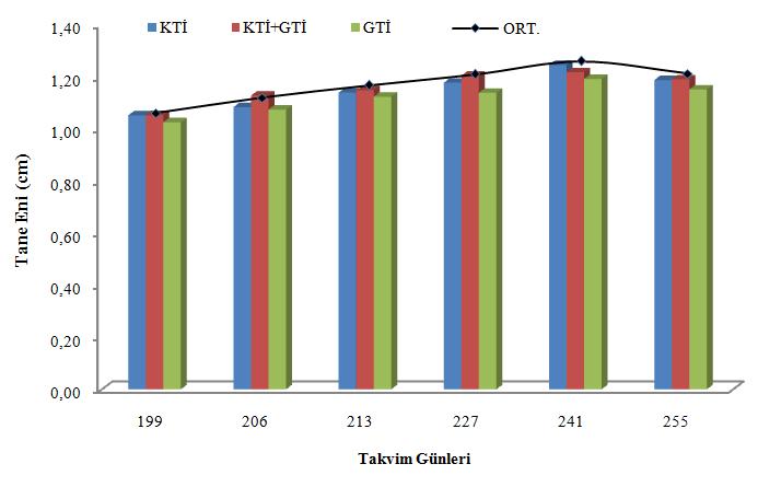 tahmin edilmektedir. Tane eni en yüksek değerini KTİ uygulamasında 241. takvim gününde almıştır. En düşük tane eni ise GTİ uygulamasının 199. takvim gününde ölçülmüştür. Şekil 4.24. Tane eni değerlerinin 2012 vejetasyon periyodunda (İKD-HSD arası) farklı toprak işleme uygulamalarına bağlı olarak değişimleri.