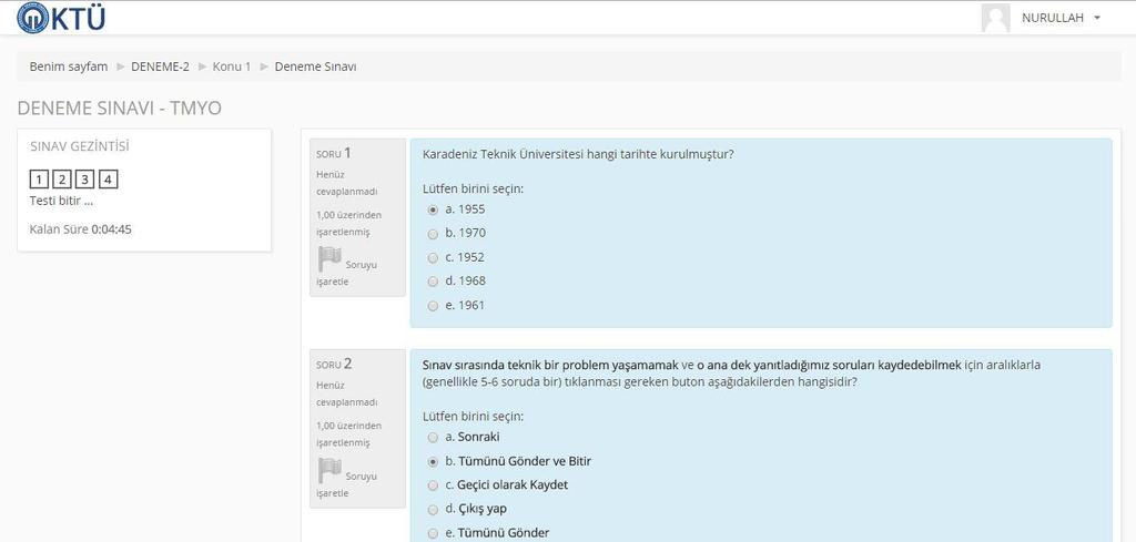 Tüm soruları cevapladıktan sonra sınav süreniz bitmeden bordo ve