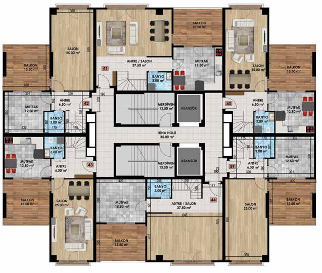 A/B/C/D BLOK ÇATI DUBLEKS 4+1 DAİRE ALANI 203.50 m 2 DAİRE KULLANIM ALANI 152.00 m 2 DAİRE 39-42 ALT KAT KULLANIM ALANI 93.50 m 2 Salon : 37.50 m 2 Mutfak : 15.50 m 2 Balkon : 13.50 m 2 Banyo : 3.