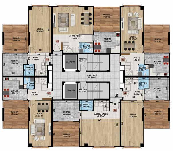 B/C/D/E/F BLOK ÇATI DUBLEKS 4+1 DAİRE ALANI 216.00 m 2 DAİRE KULLANIM ALANI 163.00 m 2 DAİRE 41-44 ALT KAT KULLANIM ALANI 100.00 m 2 Antre/Salon : 40.50 m 2 Mutfak : 14.00 m 2 Balkon : 17.