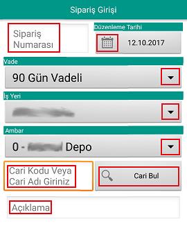 2.1.2. Sipariş Sipariş butonu seçildiğinde sipariş girişi ekranı gelir. Bu ekranda sipariş numara, düzenleme tarihi, vade, iş yeri, ambar, cari alan, açıklama ve sevk bölümleri bulunur.