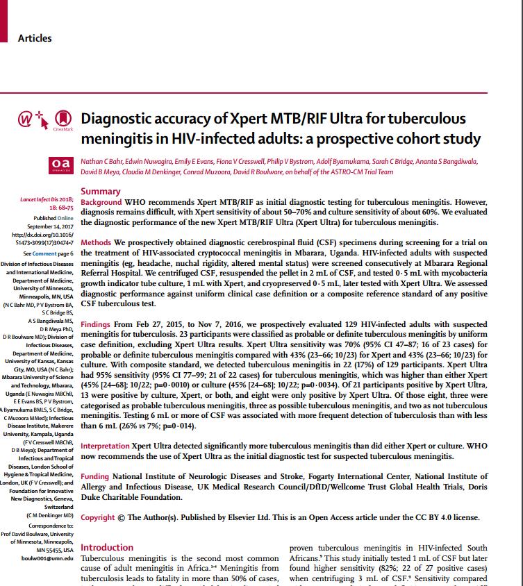 Prospektif, 2015-2016 yılları arasında TB menenjit şüphesi olan 129 HIV-enfekte olgu Xpert Ultra yüksek