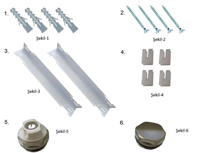 Radyatör Montajı 1. Montaj seti içeriği; a. 10 mm dübel (4 adet) (Şekil-1) b. 10 mm vida (4 adet) (Şekil-2) c. Radyatör konsolu (2 adet) (Şekil-3) d. Konsol klipsi (4 adet) (Şekil-4) e.