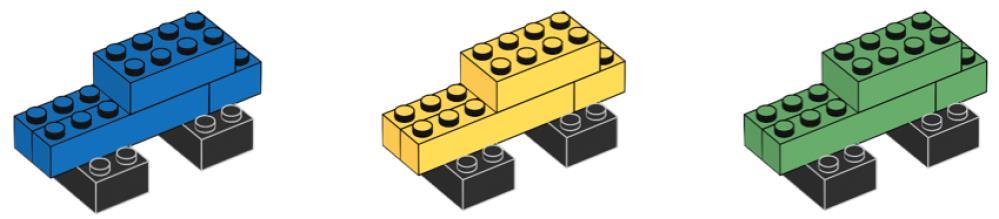 Oyun alanında farklı renklerde LEGO araba modeli ile temsil edilen üç