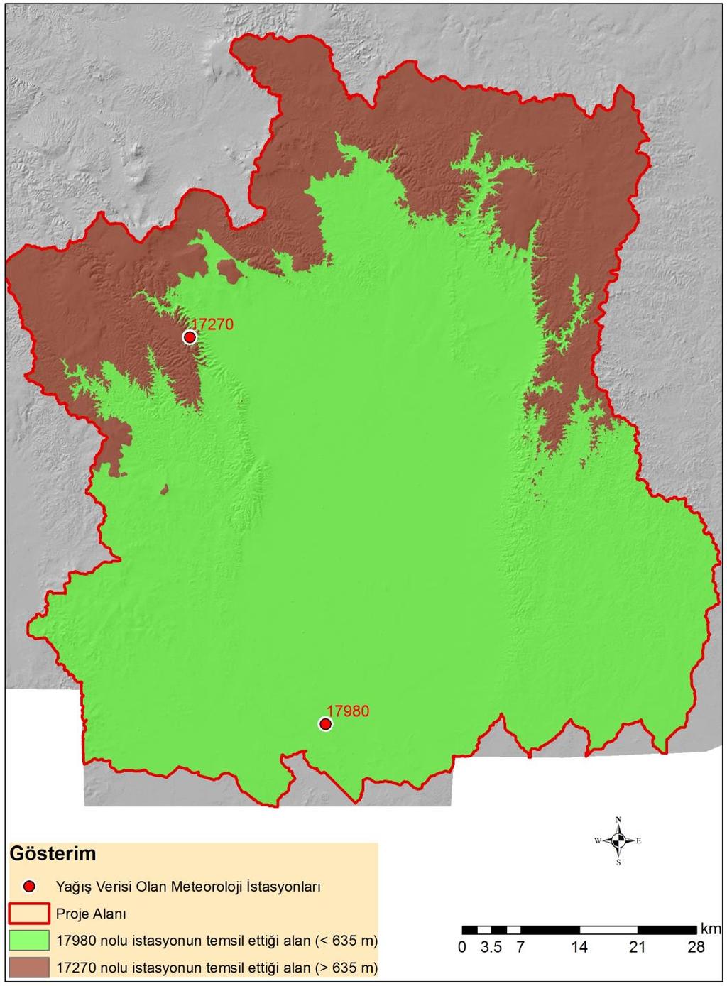 Şekil 5 Tüm havza alanı kesintisiz verisi olan iki istasyona bölünmüştür (h<635 m ve h>635 m) 3.2.4.