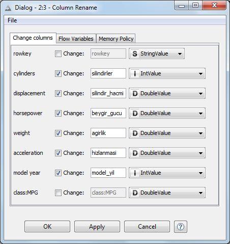 Column Rename -> Sağ tuş Configure tıklanır.gelen ekranda data da var olan data başlıkları bulunur.